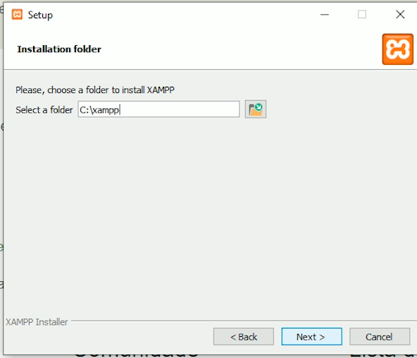 Segunda tela de instalação do Xampp, mostrando onde a pasta do programa ficará no computador.