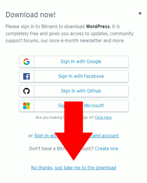 Pop up que aparece quando você clica no módulo WordPress. Clique no último link para fazer download sem fazer login.