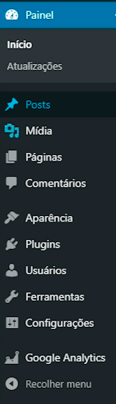 Menu do painel WordPress na barra lateral