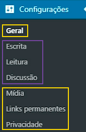 Lista de configurações do WordPress na barra lateral