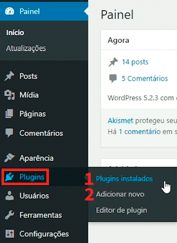Barra lateral do painel do WordPress com opções "Plugins instalados" e "Adicionar novo"
