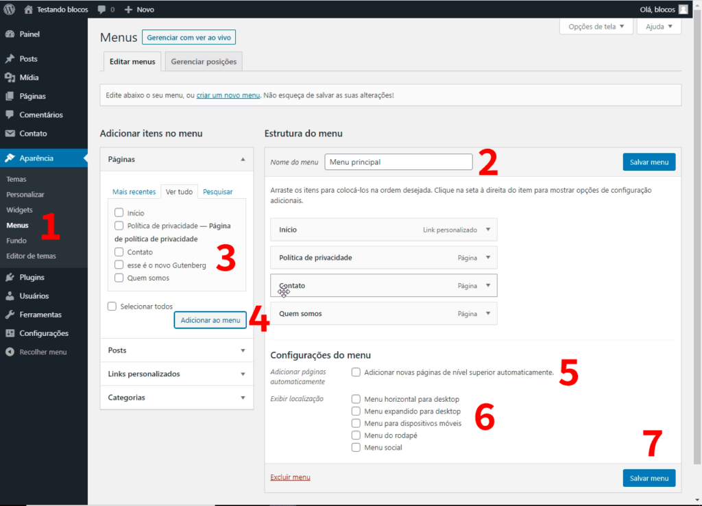 Subseção "Menus", em "Aparência", no painel WordPress