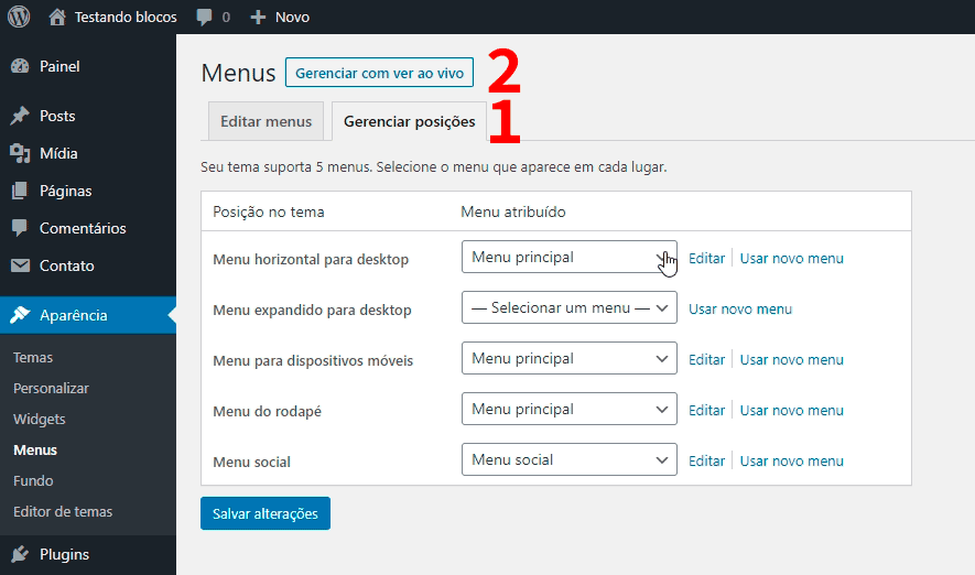 Aba "Gerenciar posições" na subseção "Menus"