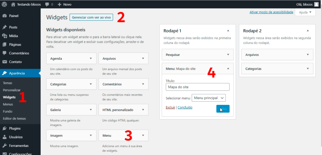 Subseção "WIdgets" na seção "Aparência" do painel WordPress