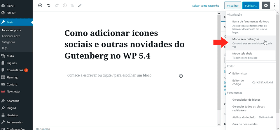 Tela do Gutenberg com destaque para opção de ativar e desativar modo tela cheia