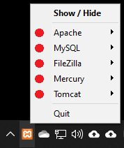 Opções do Xampp na direita da barra de ferramentas do Windows