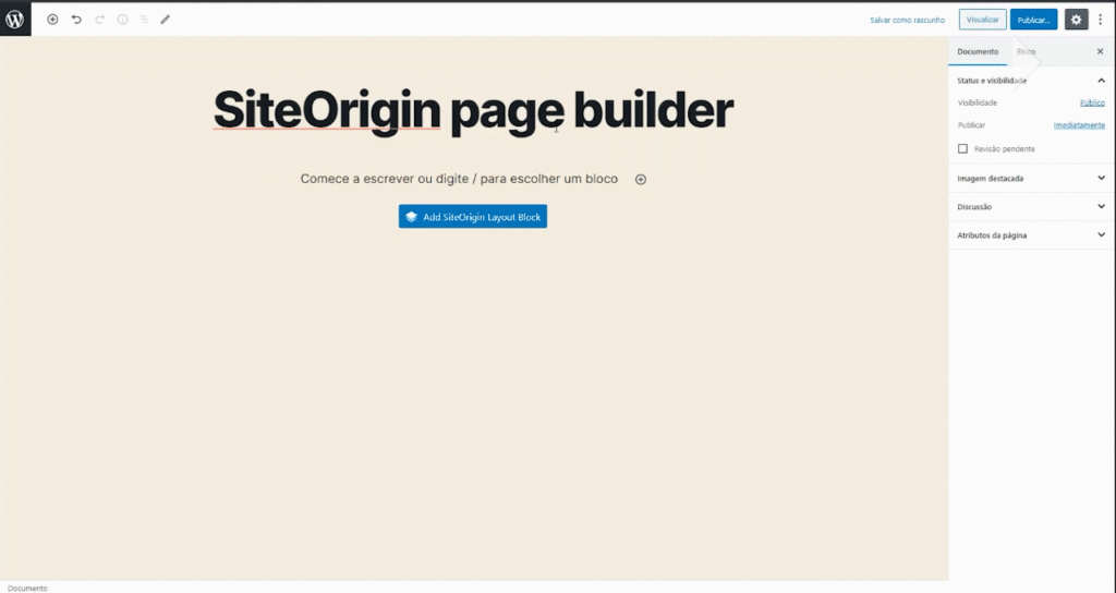 Adicionar bloco do page builder da SiteOrigin em página do Gutenberg