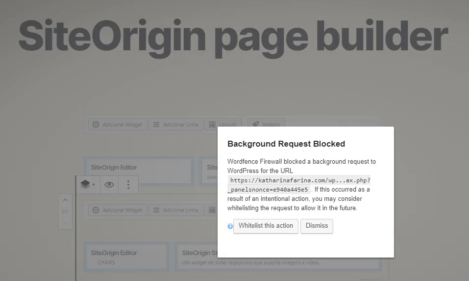 Mensagem de erro do plugin de segurança WordFence sobre o page builder da SiteOrigin