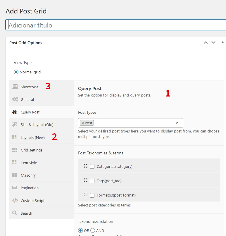 Configurações do plugin Post Grid